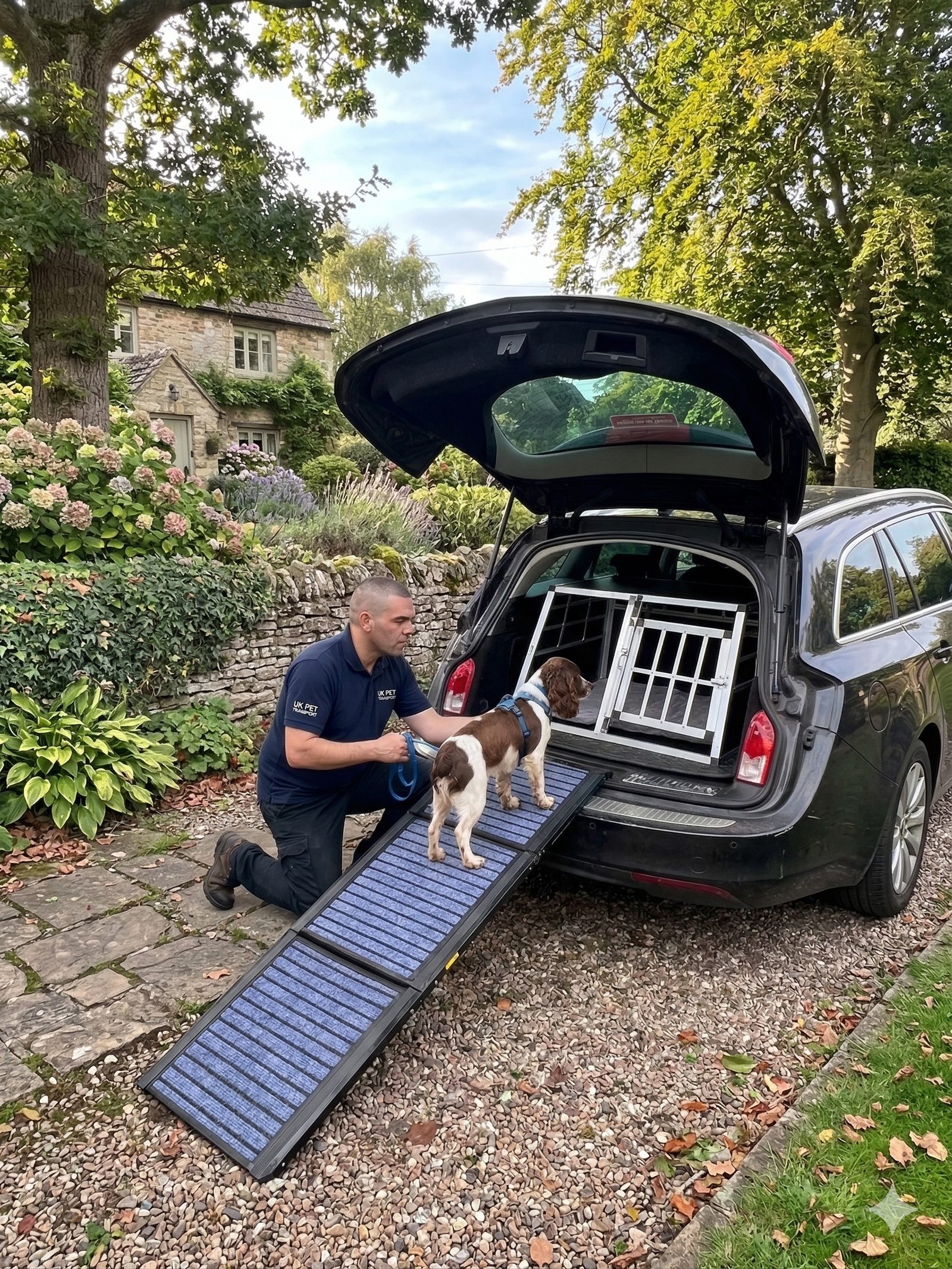 UK Pet Transport handler guiding a spaniel up the access ramp into the secure transport crate